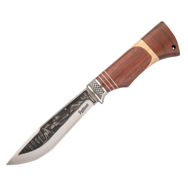 Bushlands 6 Inch Etched Fixed Blade Hunting Knife - With Wood Handle #1521