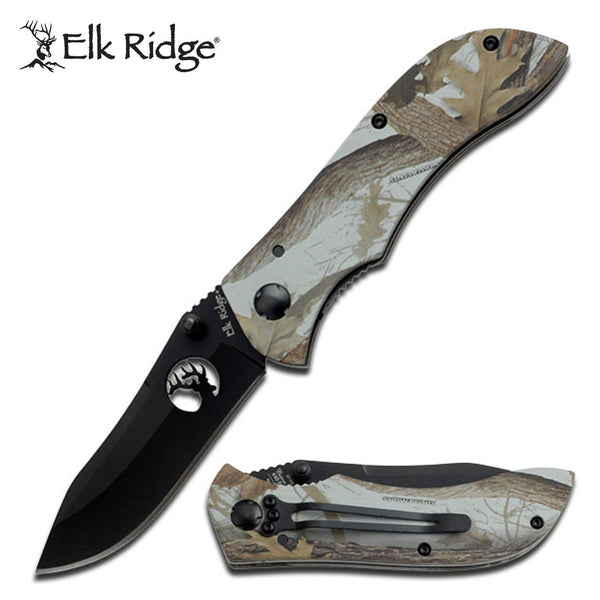 Elk Ridge Hunting Drop Point Folding Knife - Grey Jungle Camo Pattern Aluminum Handle #er-015