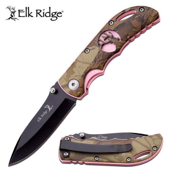 Elk Ridge 6 Inch Drop Point Hunting Pocket Folding Knife - Pink & Camo #er-134Ca
