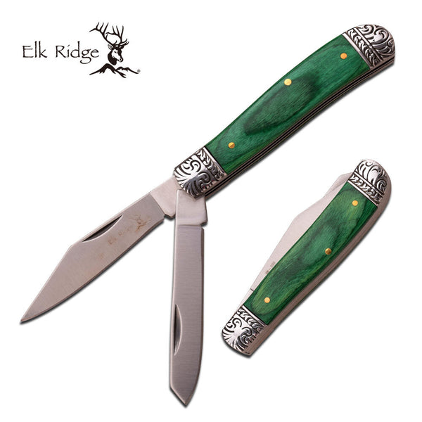 Elk Ridge Twin Blade Clip & Spey Gentleman's Knife - Green Wood 3.5 Inch Overall #er-220Gw