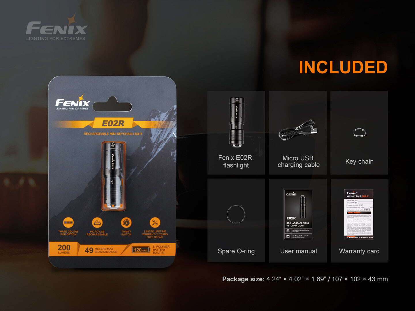 Fenix Fenix 200 Lumens Rechargeable Mini Keychain Light - Brown 49M Throw #e02R Brown Dim Gray