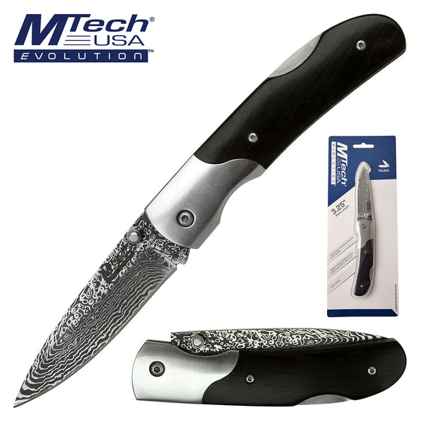Mtech Evolution Damascus Etched Folding Knife - 3.2 Inch Drop Point Fine Edge Blade #mte-Fdr008-Bk