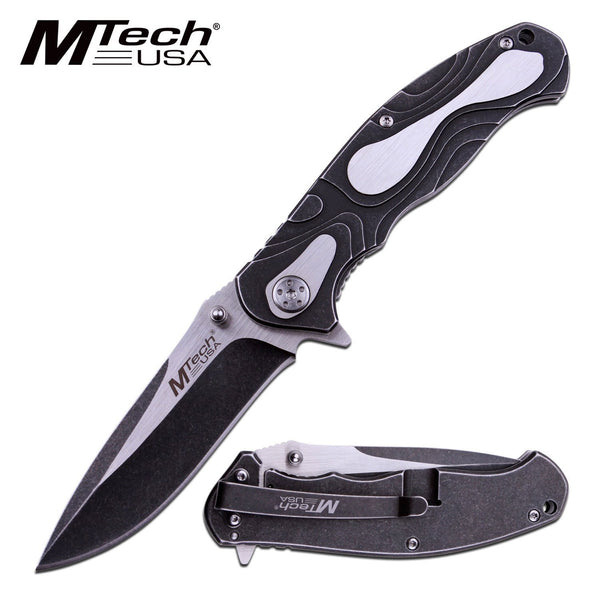 Mtech Tactical Drop Point Folding Knife - Stonewash Satin 2 Tone Blade #mt-986P