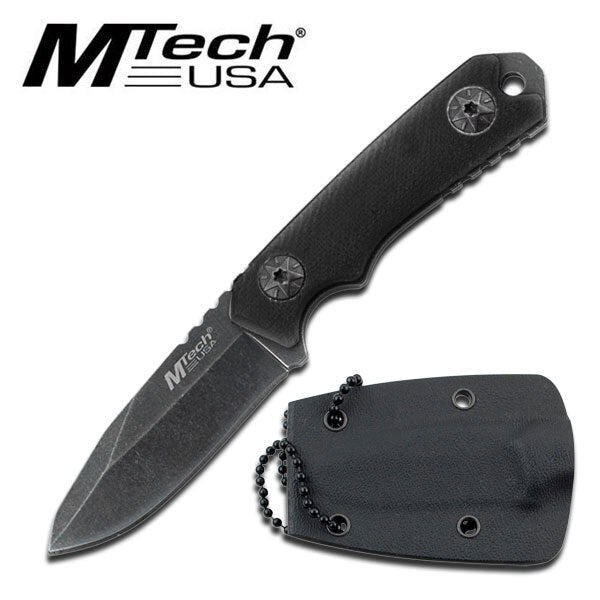 Mtech 4.75 Inch Stonewashed Drop Point Neck Hunting Knife - Black #mt-20-30Bk