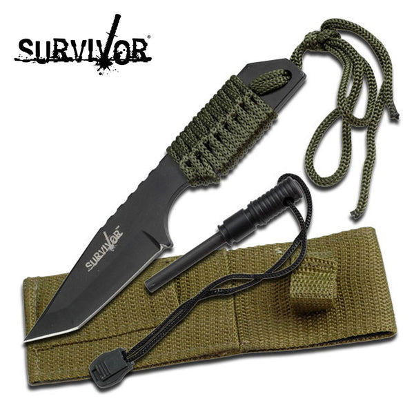 Survivor Survival 7 Inches Tanto Fixed Blade Knife W Fire Starter - Army Green #hk-106320