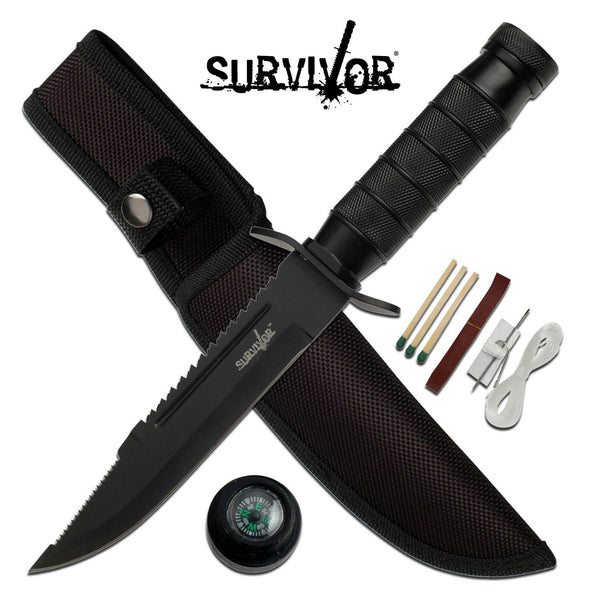 Survivor 9.5 Inch Fixed Blade Knife W Survival Kit - Black #hk-695B