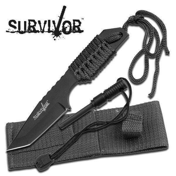 Survivor Fixed Knife With Paracord & Firestarter - Black 7 Inch Overall #hk-106320B