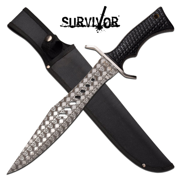 Survivor 17.25 Inch Bowie Fixed Blade Knife - Etched Skull Pattern #sv-Fix011Bk