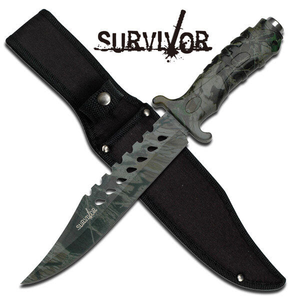 Survivor 13 Inch Bowie Fixed Blade Knife W Nylon Sheath - Dark Camo #hk-1037