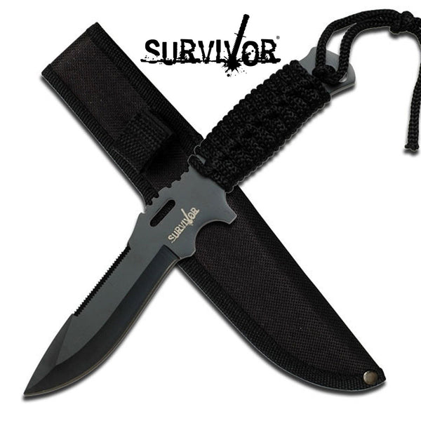Survivor 9.25 Inch Reverse Serrated Drop Point Fixed Blade Knife - Black #hk-1020