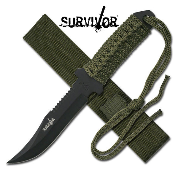 Survivor 7.5 Inch Reverse Serrated Bowie Fixed Knife - Military Green #hk-7526