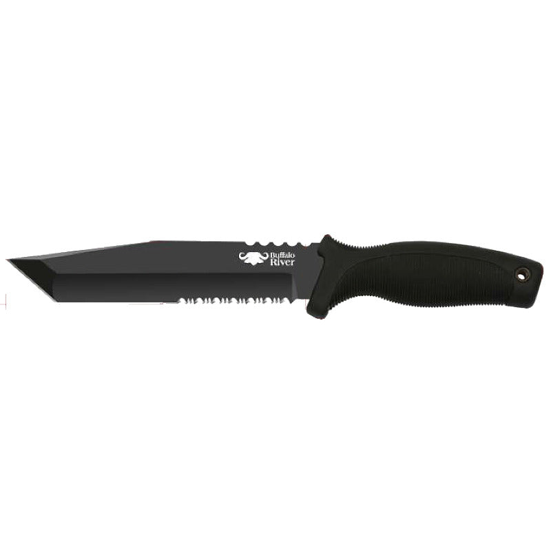 Buffalo River Maxim 6.5in Tanto 50% Serrated Blade - Black Noslip Handle #Brkm120