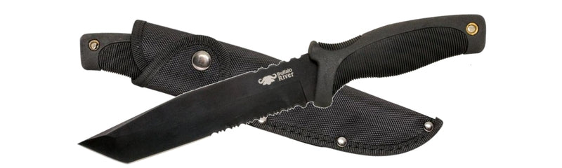 Buffalo River Maxim 6.5in Tanto 50% Serrated Blade - Black Noslip Handle #Brkm120