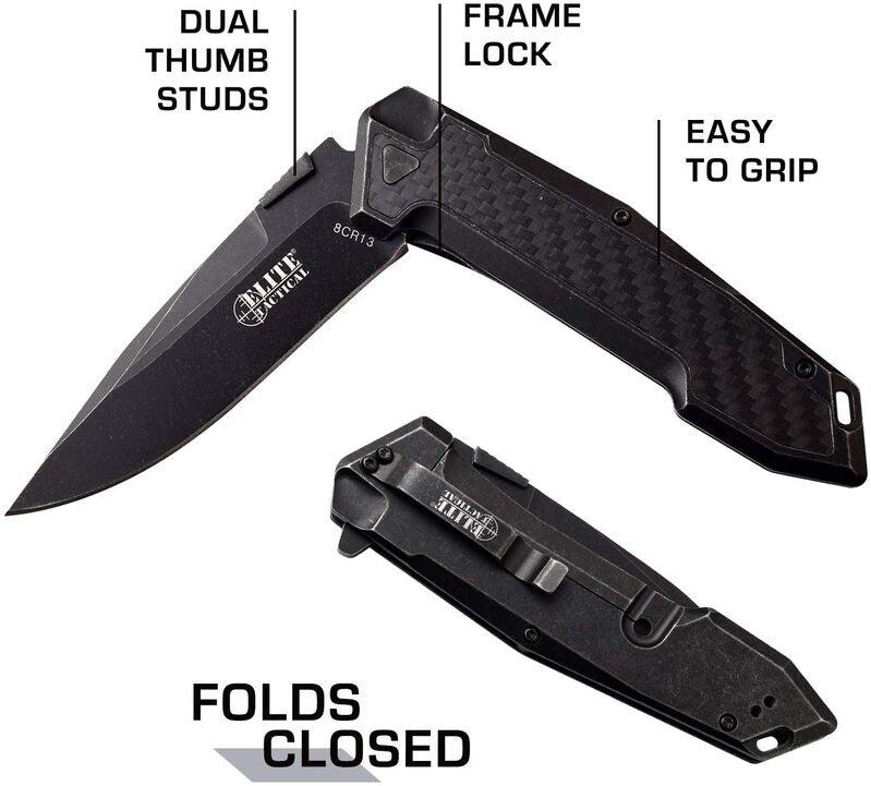 Elite Tactical Drop Point Fine Edge Blade Folding Knife - Black #Et-1018dsw