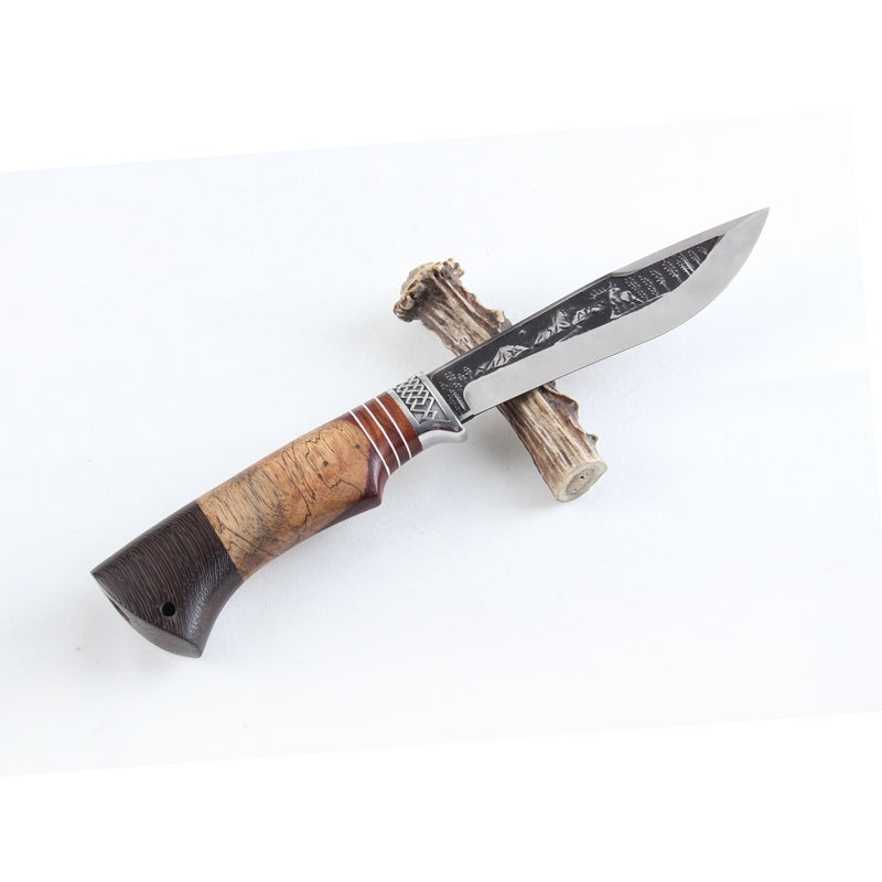 Bushlands Bushlands 6 Inch Etched Fixed Blade Hunting Knife - With Wood Handle #1521 Light Gray