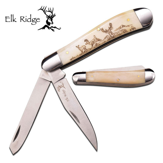 Elk Ridge Elk Ridge Tactical Clip Point Folding Knife - Bone Deer Artwork 2 Blades #er-220Dr Tan