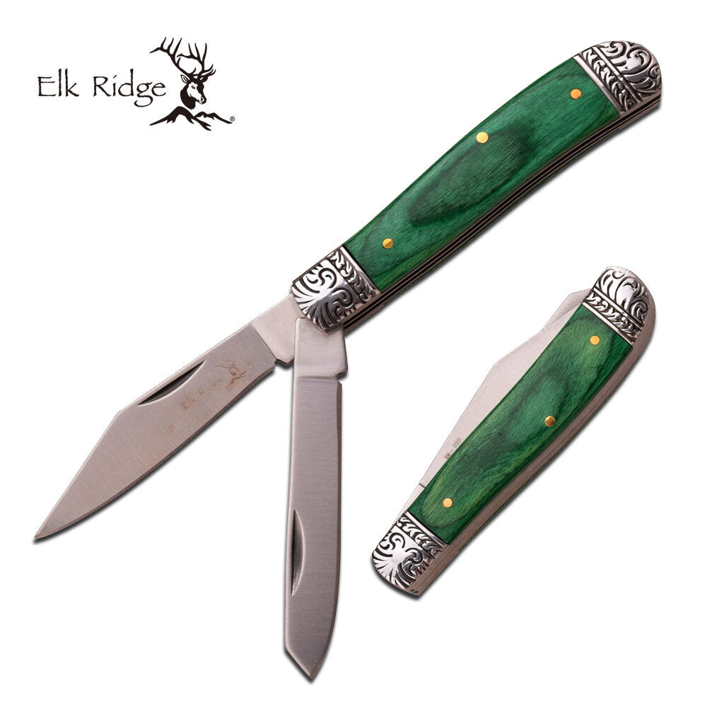Elk Ridge Elk Ridge Twin Blade Clip & Spey Gentleman's Knife - Green Wood 3.5 Inch Overall #er-220Gw Dark Slate Gray
