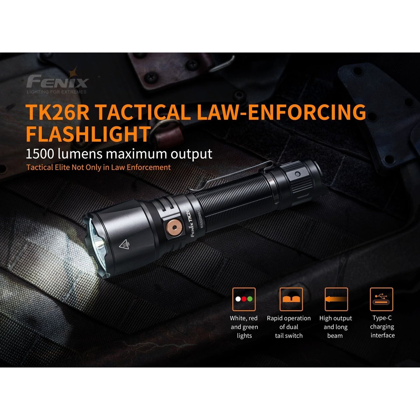 Fenix Fenix 1500 Lumens Tri-Coloured Rechargeable Tactical Flashlight - Usb Type-C & Batteries Included #tk26R Gray