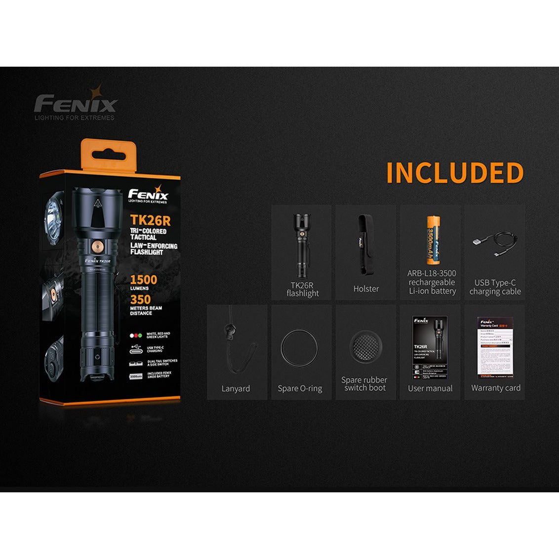 Fenix Fenix 1500 Lumens Tri-Coloured Rechargeable Tactical Flashlight - Usb Type-C & Batteries Included #tk26R Dark Slate Gray