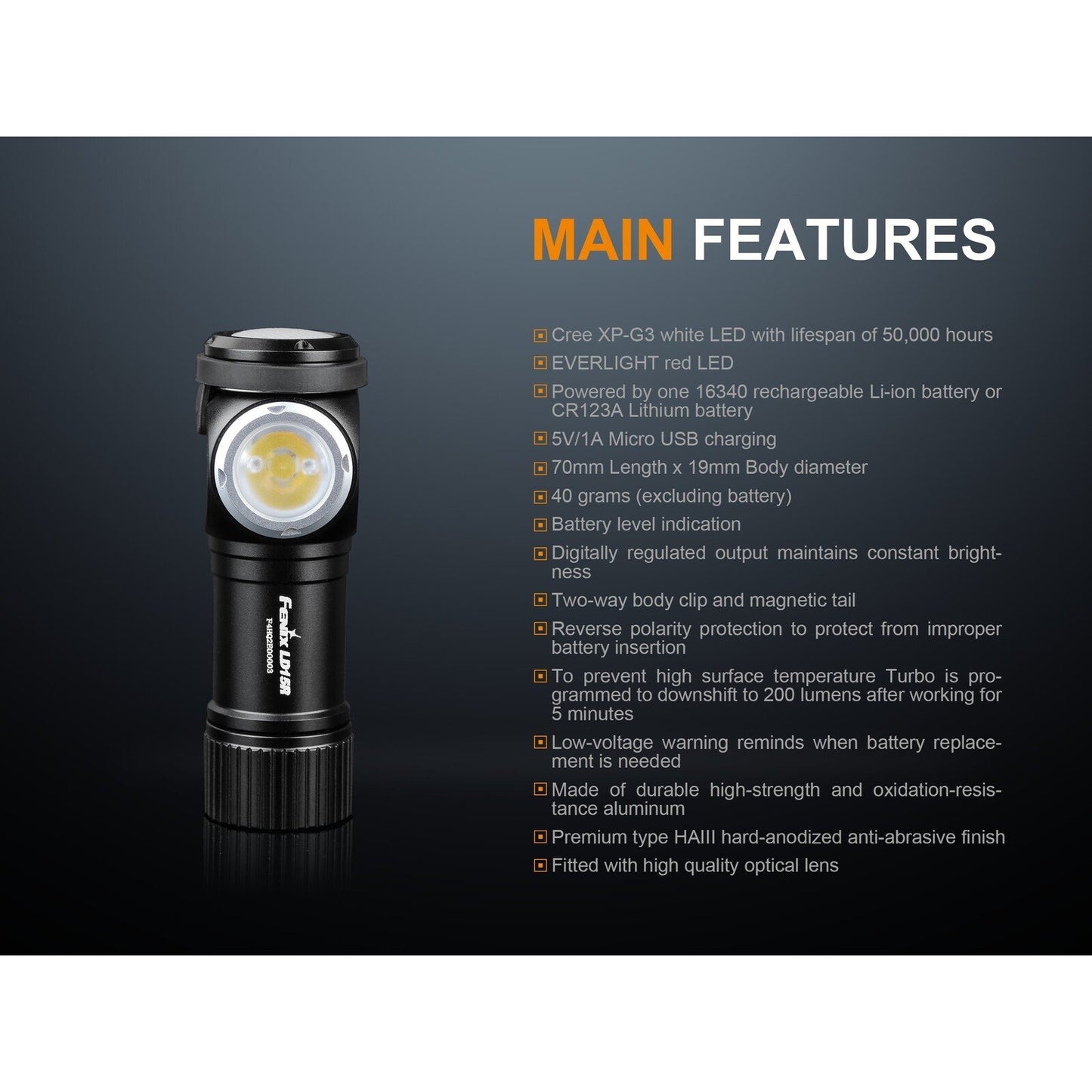 Fenix Fenix 500Lumens Right Angled Led Magnetic Flashlight Working Light - Rechargeable Battery Included #ld15R Dark Slate Gray