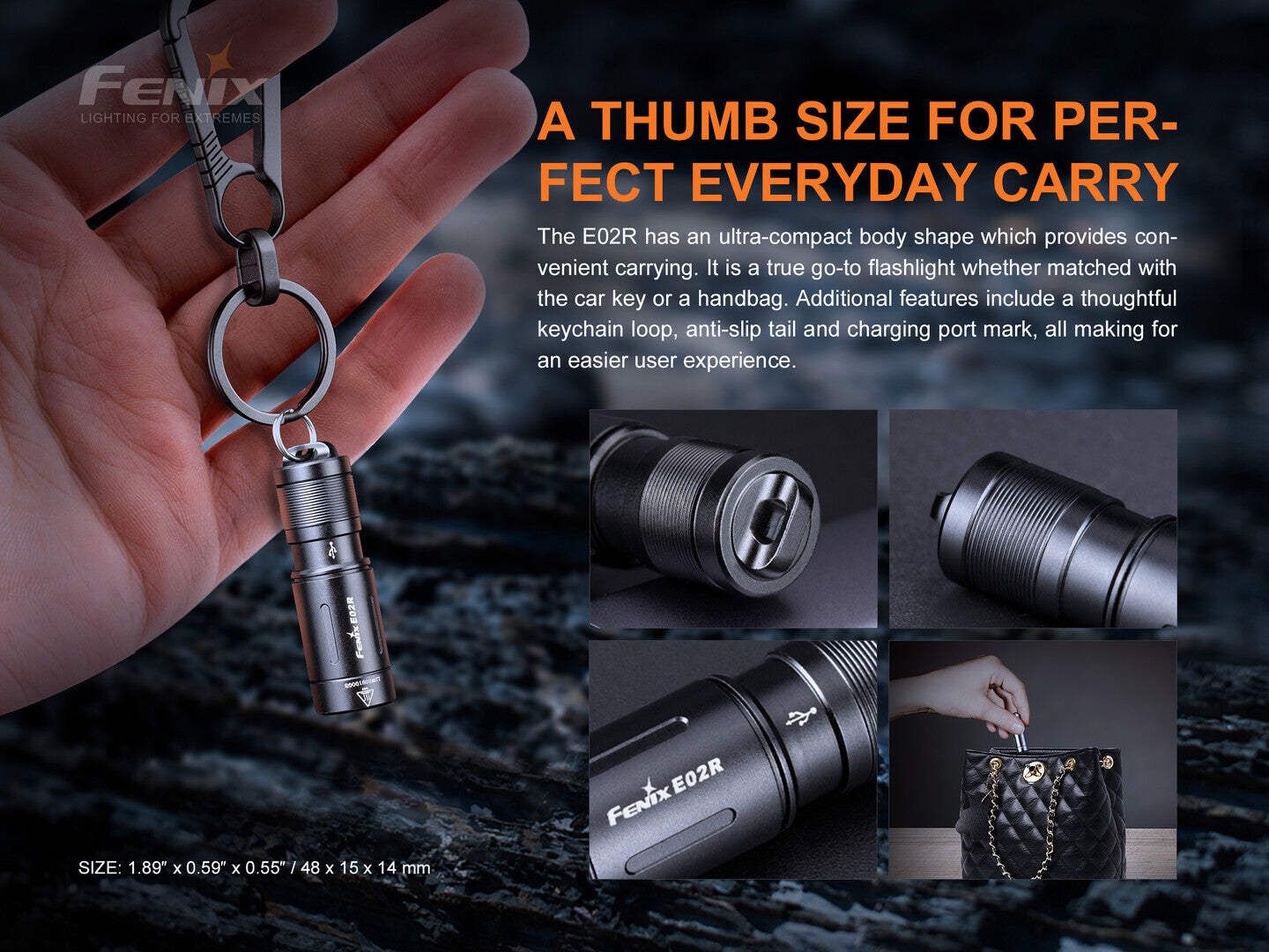 Fenix Fenix 200 Lumens Rechargeable Mini Keychain Light - Blue 49M Throw #e02R Blue Dark Slate Gray