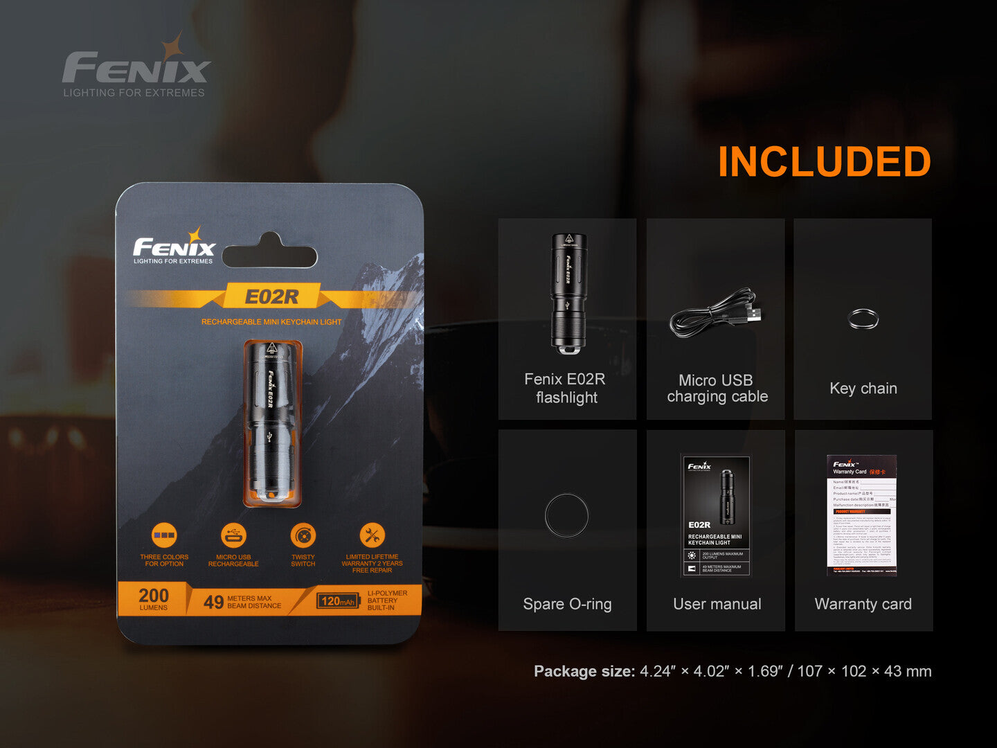 Fenix Fenix 200 Lumens Rechargeable Mini Keychain Light - Blue 49M Throw #e02R Blue Dim Gray