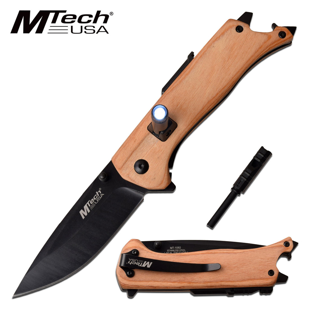 Mtech Mtech 8 Inch Drop Point Survival Folding Knife W Led Light - Pakkawood Handle #mt-1082N White