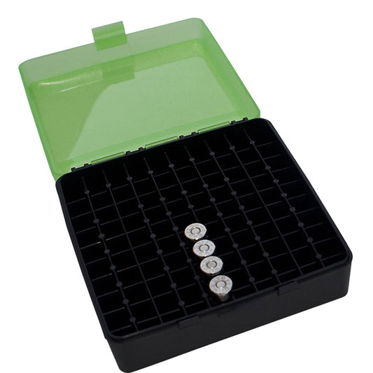 Mtm Case-Gard Mtm Pistol 100 Rnds Ammo Box Flip Top 380/9Mm Cal Clear Green #p-100-9-16T Black