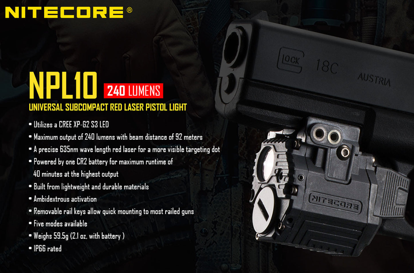 Nitecore Nitecore Pistol Light W/ Laser 300 Lumen - Fits Pic Rail+ Glock #npl10 Tomato