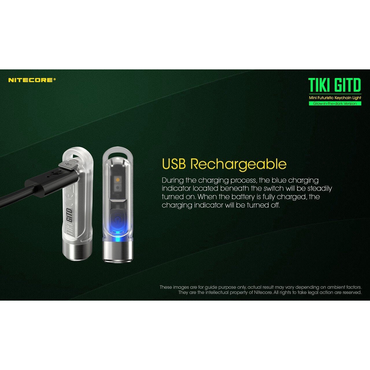 Nitecore Nitcore Ultra-Lightweight Glow In The Dark Keychain Light - 300 Lumen Silver #tiki-Gitd Black