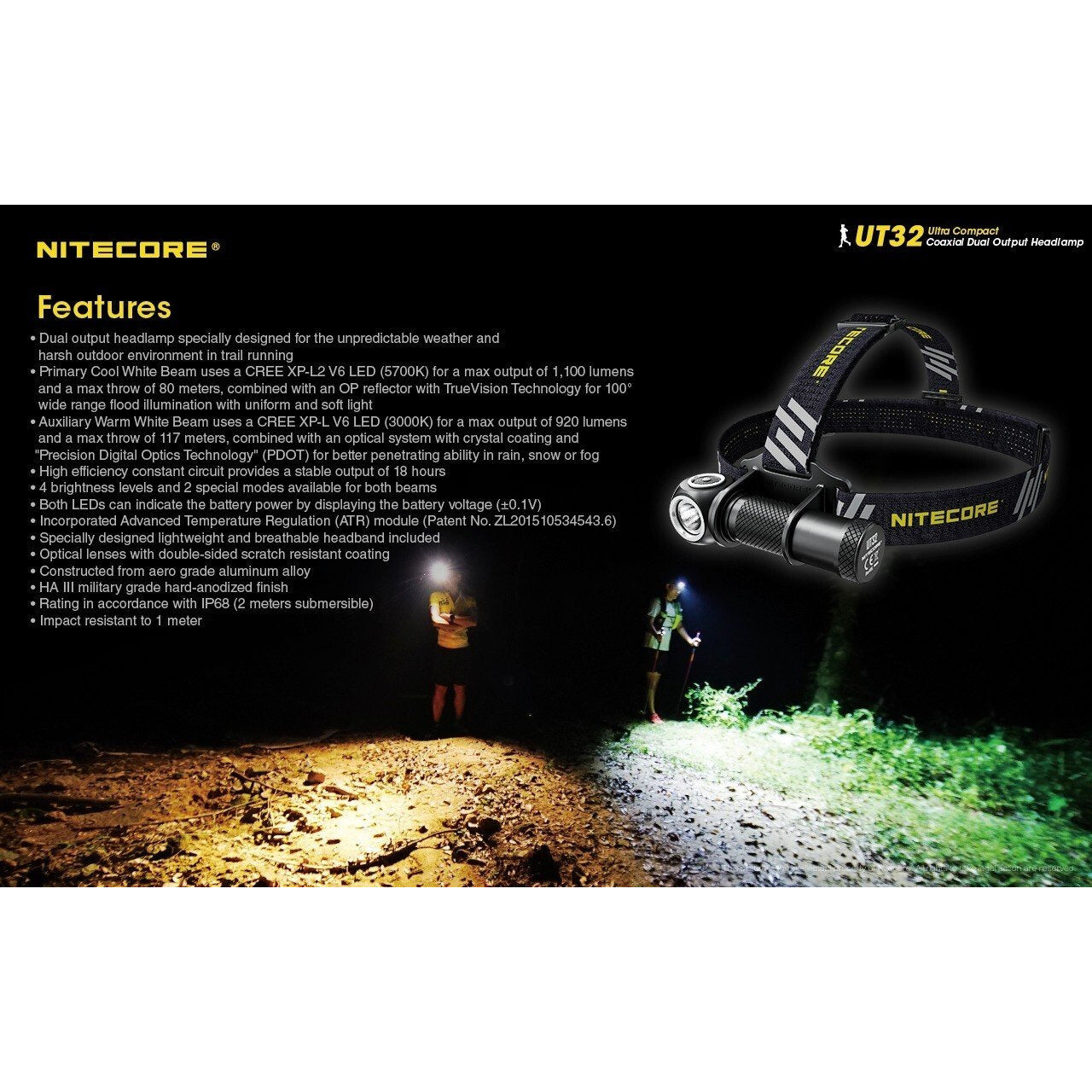 Nitecore Nitecore Ultra-Compact Coaxial Dual Output Led Headlamp - 1100Lumen Cool And Warm White #ut32 Black