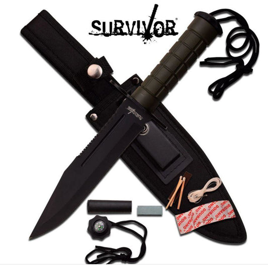 Survivor Survivor Hunting Bowie Half Serrated Survival Knife Fixed Blade - 12 Inch Overall W Sheath #hk-786Gn Black