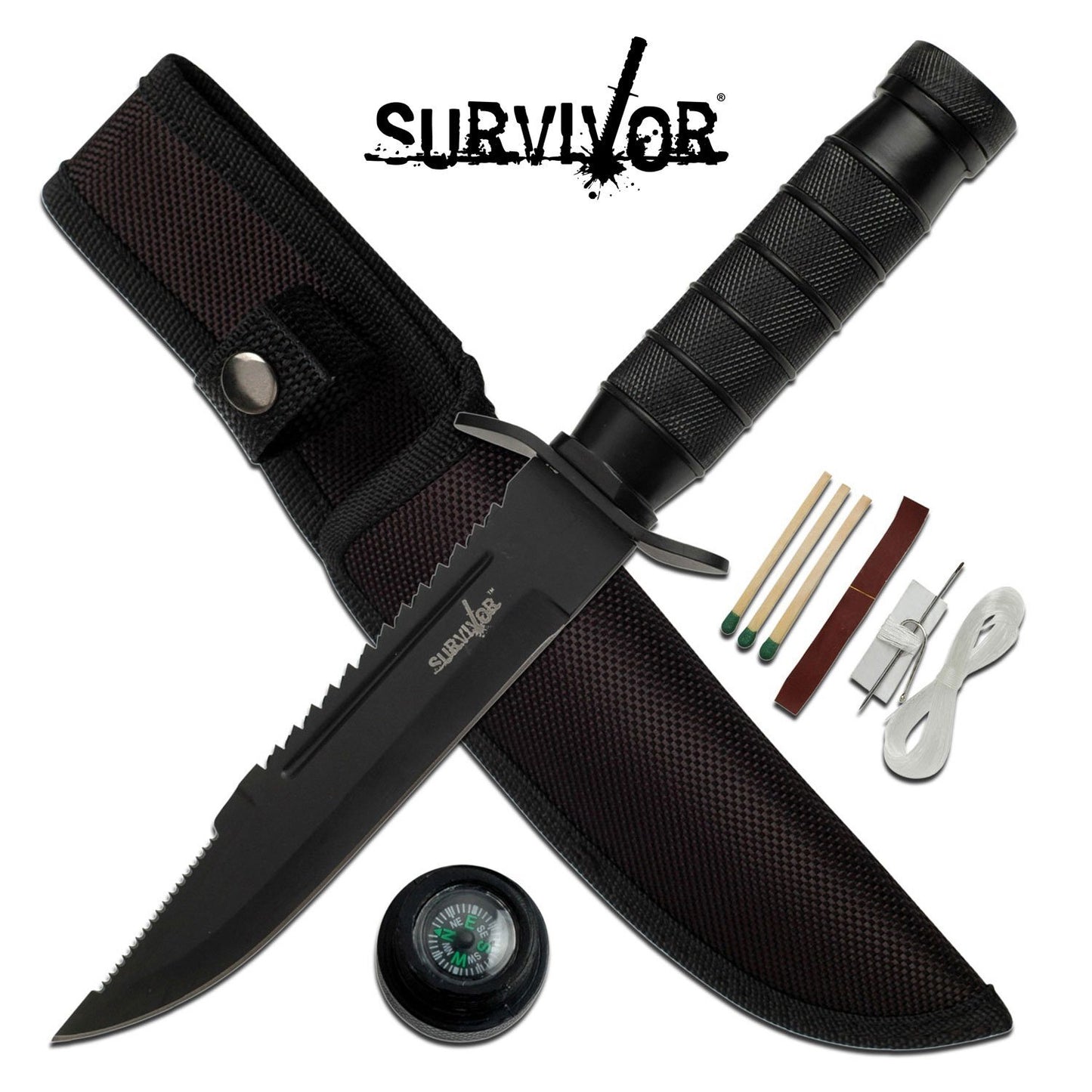 Survivor Survivor 9.5 Inch Fixed Blade Knife W Survival Kit - Black #hk-695B Black