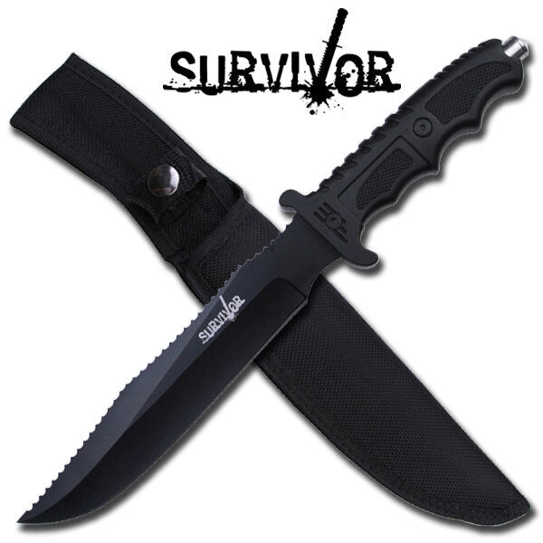 Survivor Survivor 13 Inch Sawback Bowie Fixed Blade Knife - W Nylon Sheath #hk-718 Black